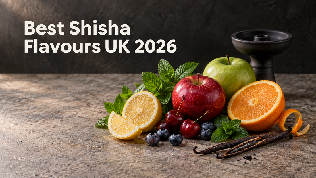Best Shisha Flavours UK 2026 — apples, citrus, berries, mint and vanilla beside an unbranded shisha bowl.