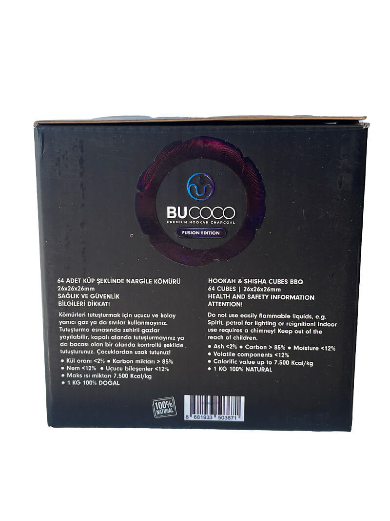 Back of a black box with BUCOCO branding and text on a white background