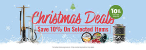 Promotional banner for Christmas Deals with discounts on selected items, featuring a blue background with snowflakes and Christmas trees.