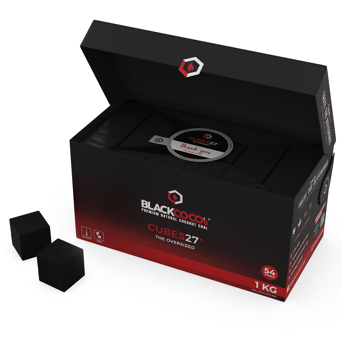 Black Cocos 27+ Coconut Charcoal 27.5mm 1Kg 54 pieces - The Shisha Shop