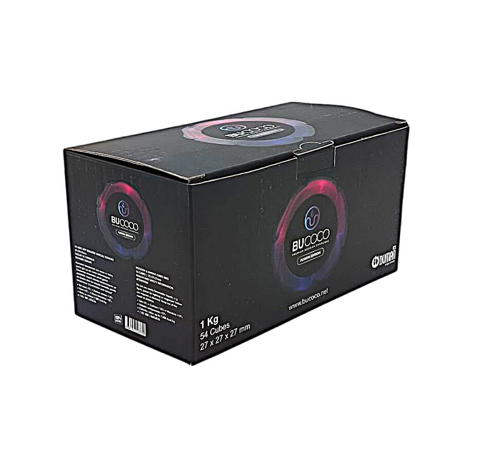 Box of Bucoco Fusion Edition hookah charcoal 1 kg C27 with individual cubes visible