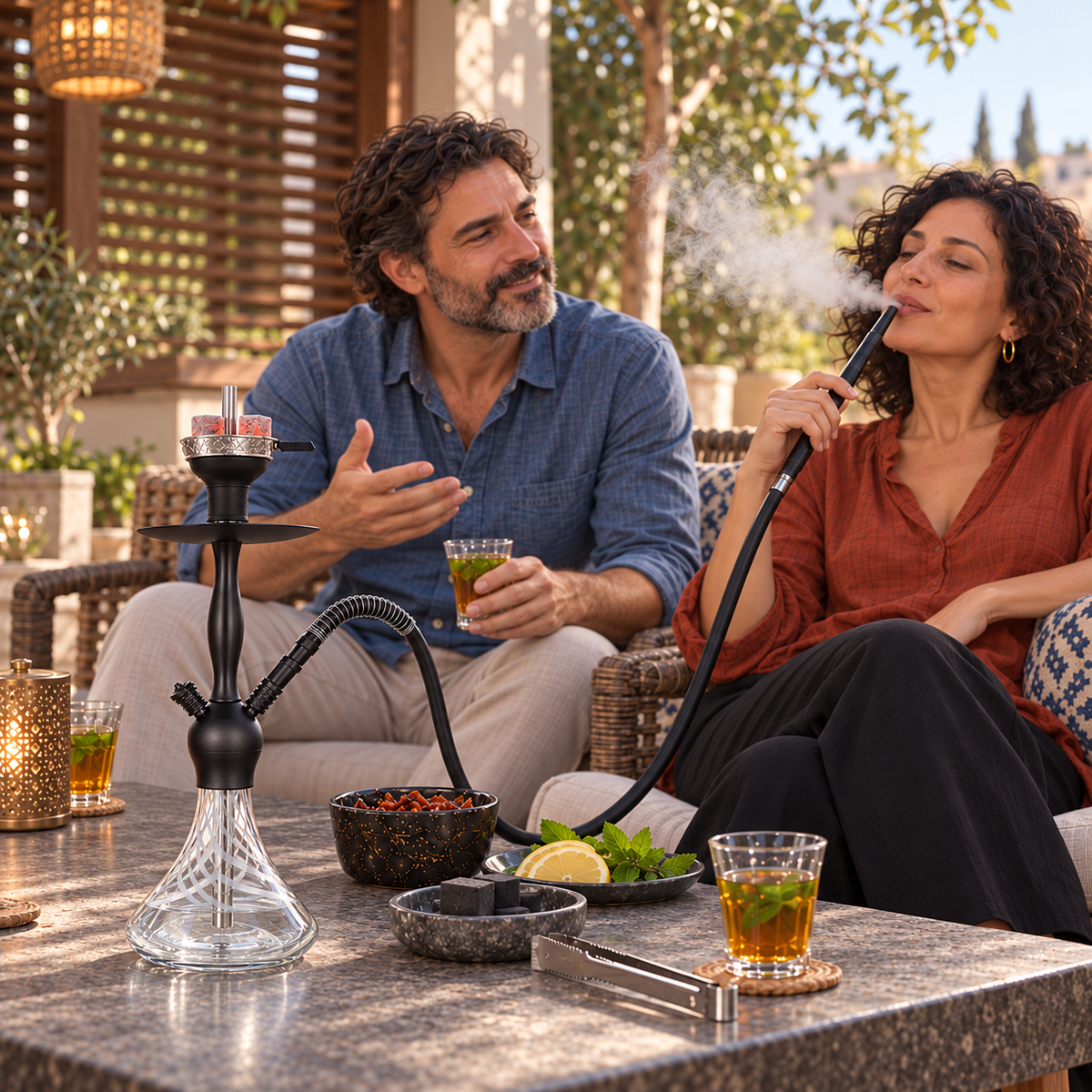 Aladin Alux Captain White shisha pipe with an adult couple, flavour and charcoal in a covered veranda setting.