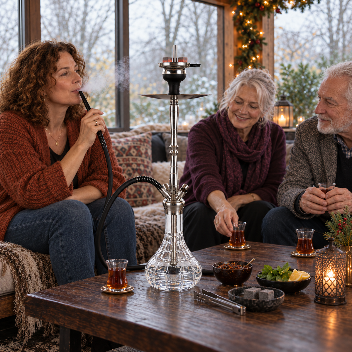Aladin MVP670 Cube shisha pipe with adults, tea, flavour and charcoal in a winter garden pavilion setting.