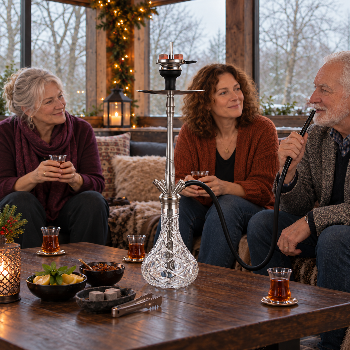 Aladin MVP670 Dot shisha pipe with adults, tea, flavour and charcoal in a winter garden pavilion.