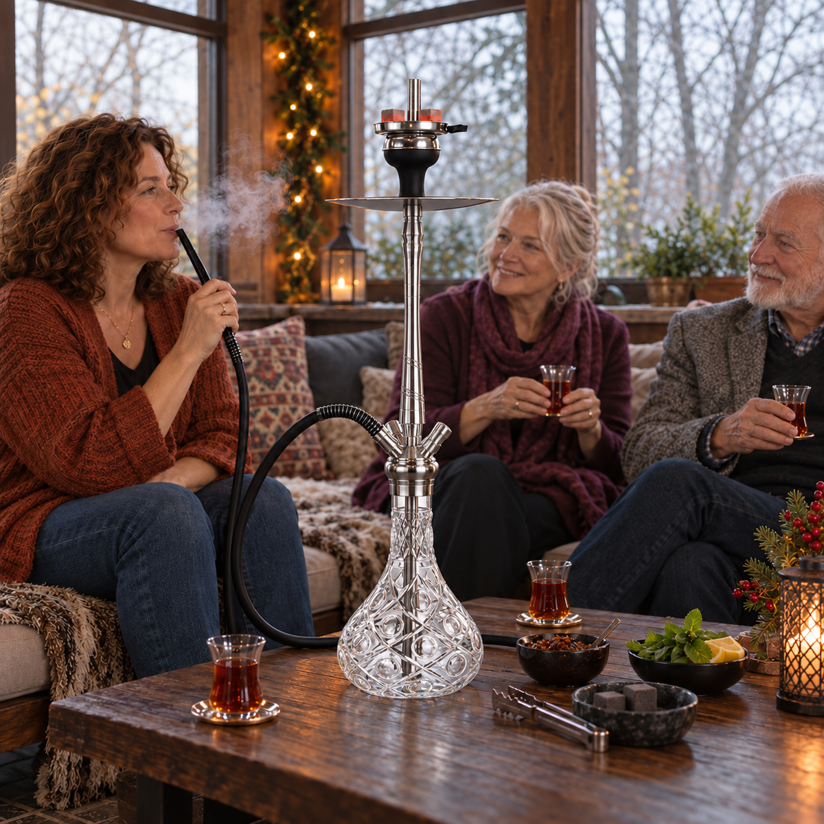 Aladin MVP670 Dot shisha pipe with adults, tea, flavour and charcoal in a winter garden pavilion.