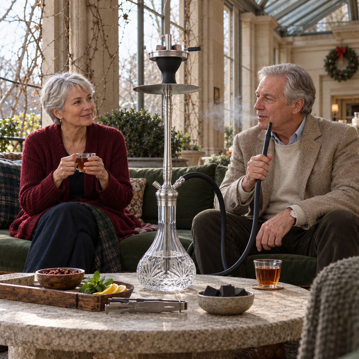 Aladin MVP670 Gastro Flower shisha pipe with adults, tea, flavour and charcoal in a stone orangery setting.