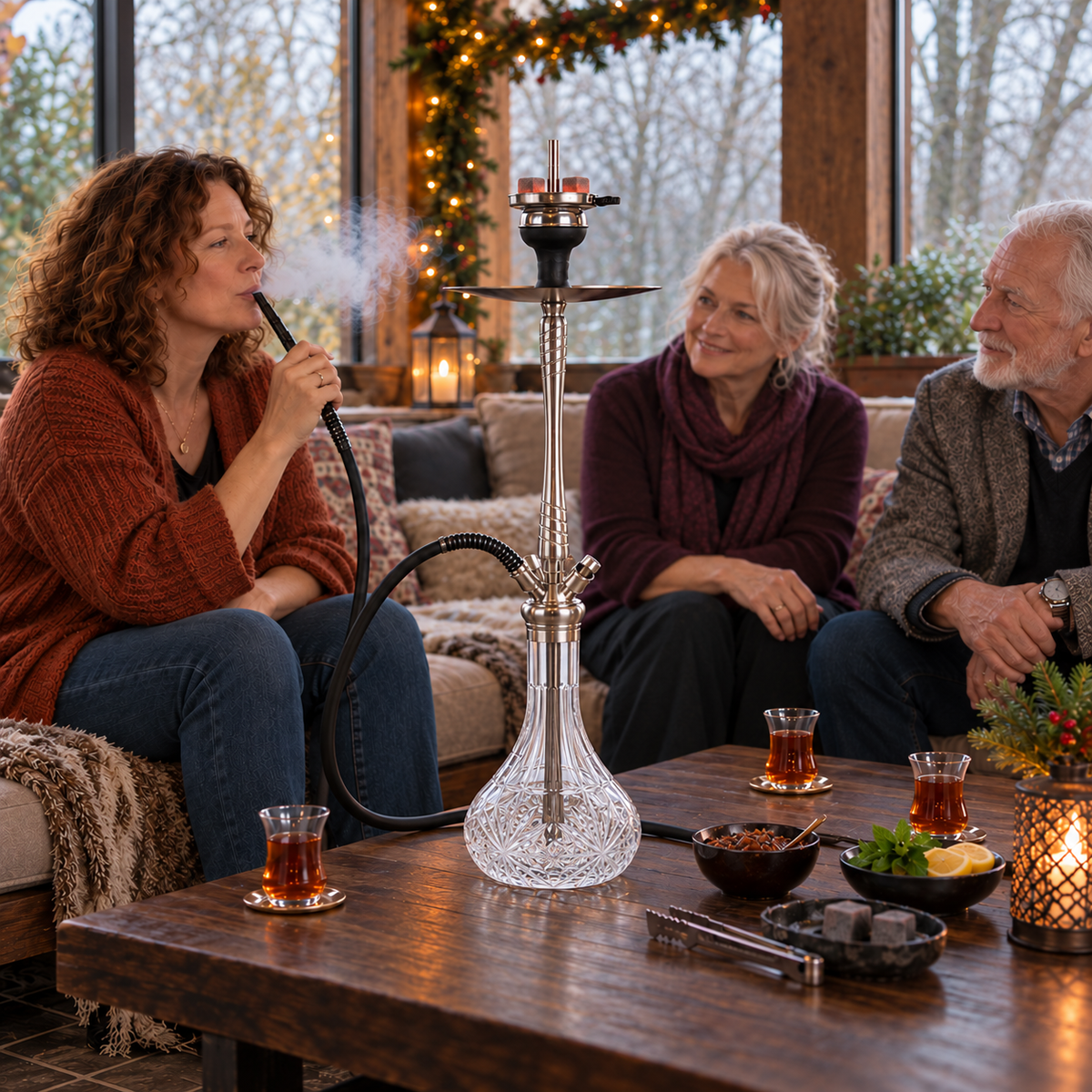 Aladin MVP670 Flower shisha pipe with adults, tea, flavour and charcoal in a winter garden pavilion.