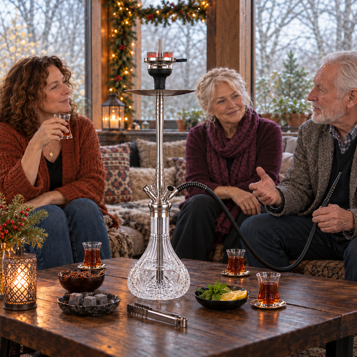 Aladin MVP670 Flower shisha pipe with adults, tea, flavour and charcoal in a winter garden pavilion.