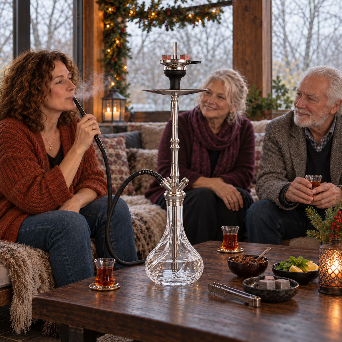 Aladin MVP670 Wave shisha pipe with adults, tea, flavour and charcoal in a winter garden pavilion.